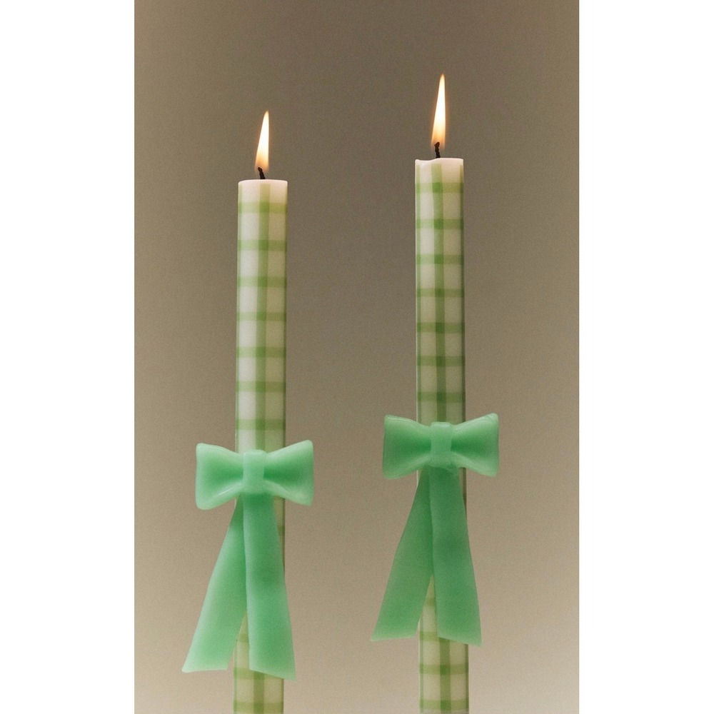 Anthropologie Hand Sculpted Bow Taper Candles Set of 2 Green Gingham 9.8" NEW